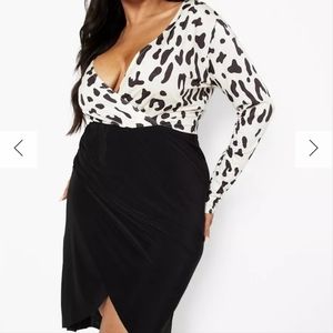 Boohoo Plus Size Slinky Leopard and Black Faux Wrap Dress